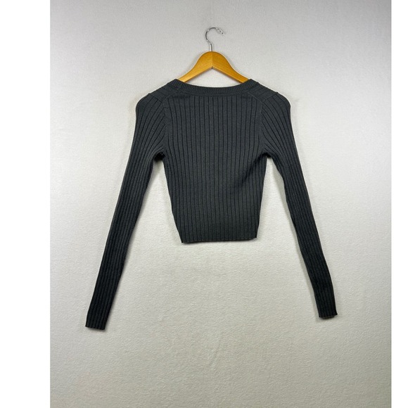 Aerie Ribbed Cropped Cardigan Gray Long Sleeve V‎ Neck Button Up XS - Picture 2 of 8